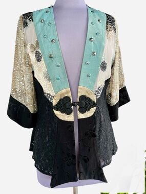 Vintage Spencer Alexis Size S Open Front knotted Closure Black, Cream & Aqua